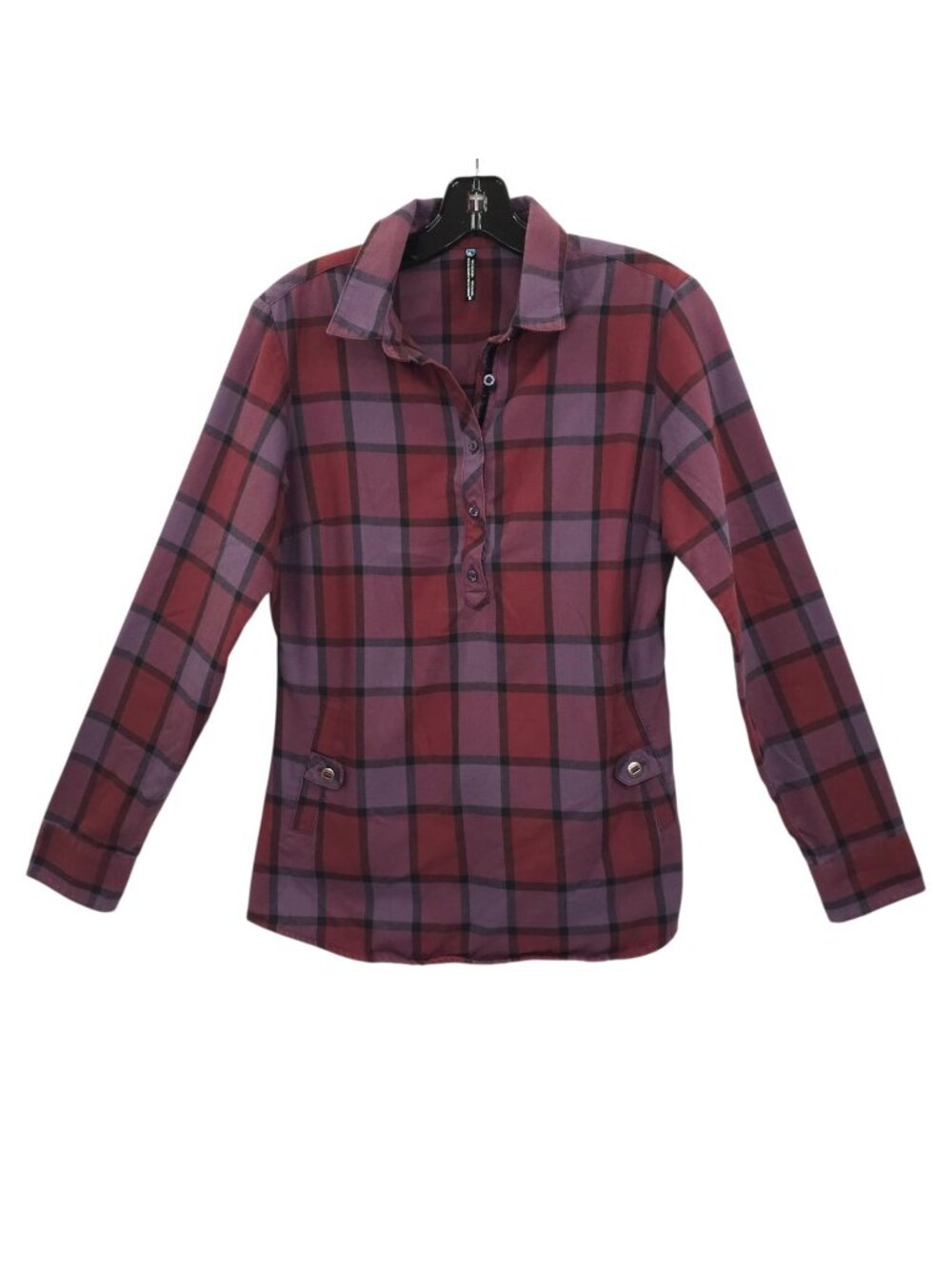 Kuhl Plaid Pullover Button Shirt Women S Burgundy Purple Flannel Pockets Outdoor